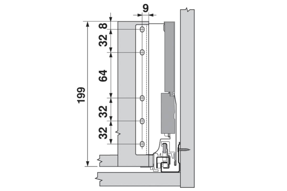 Uchwyt drewnianej ścianki tylnej TANDEMBOX, rys. tech